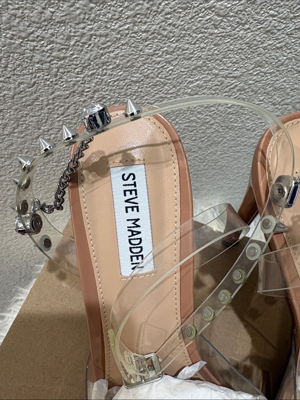 Steve Madden Nude Clear Crystal & Spike Embellished Pointed Stiletto Heels - Picture 2 of 6